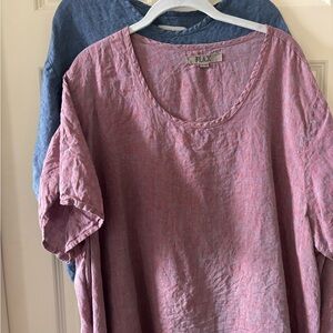 FLAX by Jeanne Engelhart Linen Scoop Neck Top - Dusty Rose and Blue 2g 3g